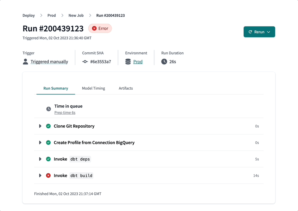 Example of the Rerun options in dbt